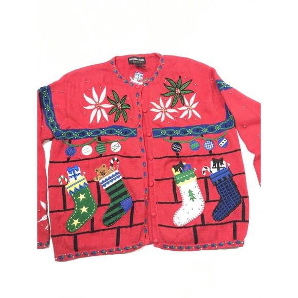 Hampshire Studio Vintage Red Embroidered Christmas Sweater Cardigan Size L - Picture 10 of 11